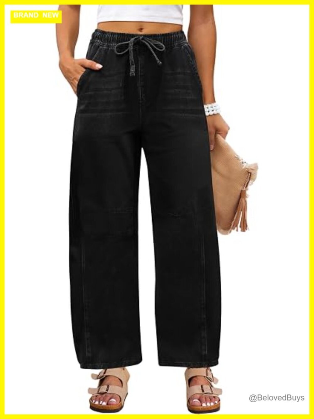 High Waisted Wide Leg Barrel Jeans Drawstring Y2K Baggy Denim Pants with Pockets